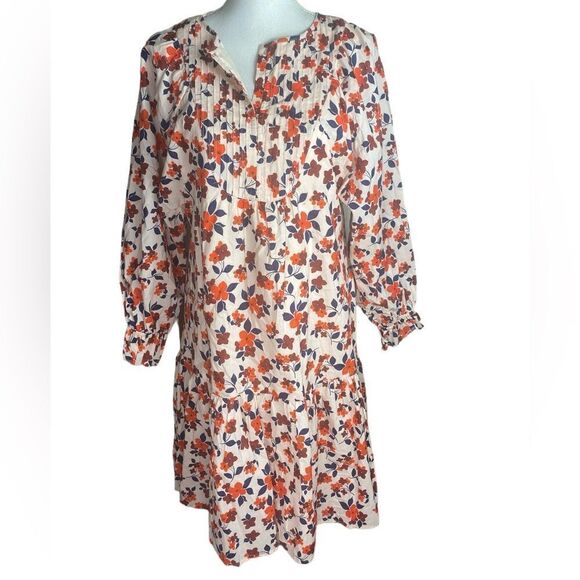 ELIZABETH & JAMES Wm’s Sz Sm Cream Floral Flutter Pintuck Bib Lined Midi Dress - Picture 1 of 6